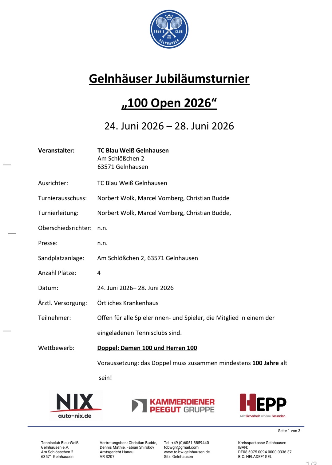 Gelnhäuser Jubiläumsturnier „100 Open 2026“
